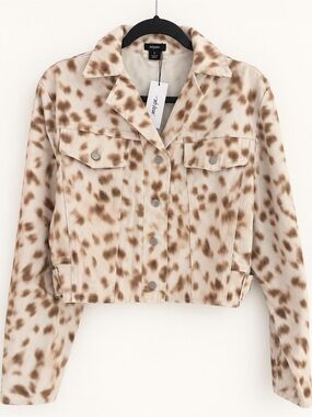 NASTYGAL Cream & Brown Leopard Print Denim Jacket - Size 6